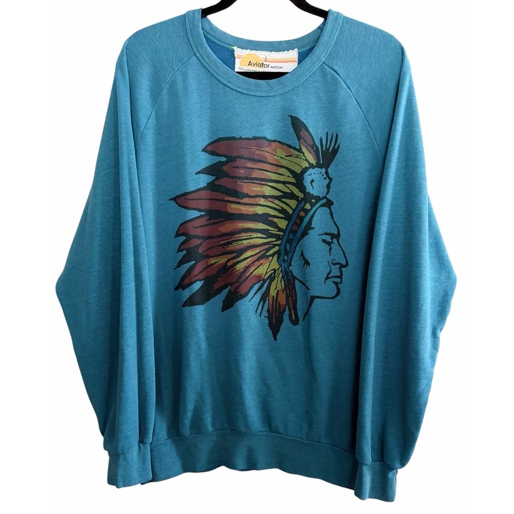 RARE Aviator Nation Chief Head/Warrior Sweatshirt Turquoise Size Large